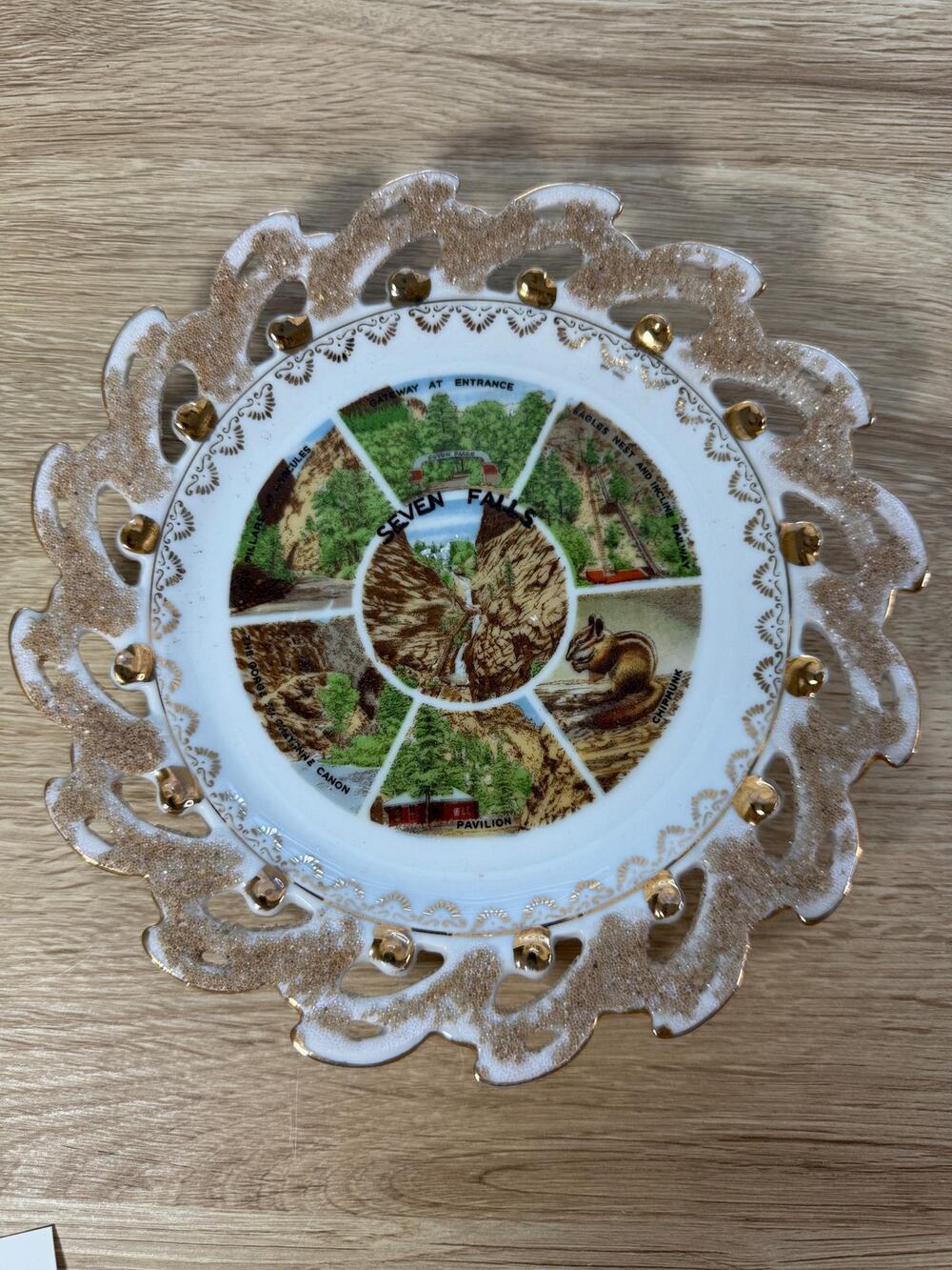 Vintage Seven Falls Colorado Souvenir China Plate Gold Reticulated Rim Japan